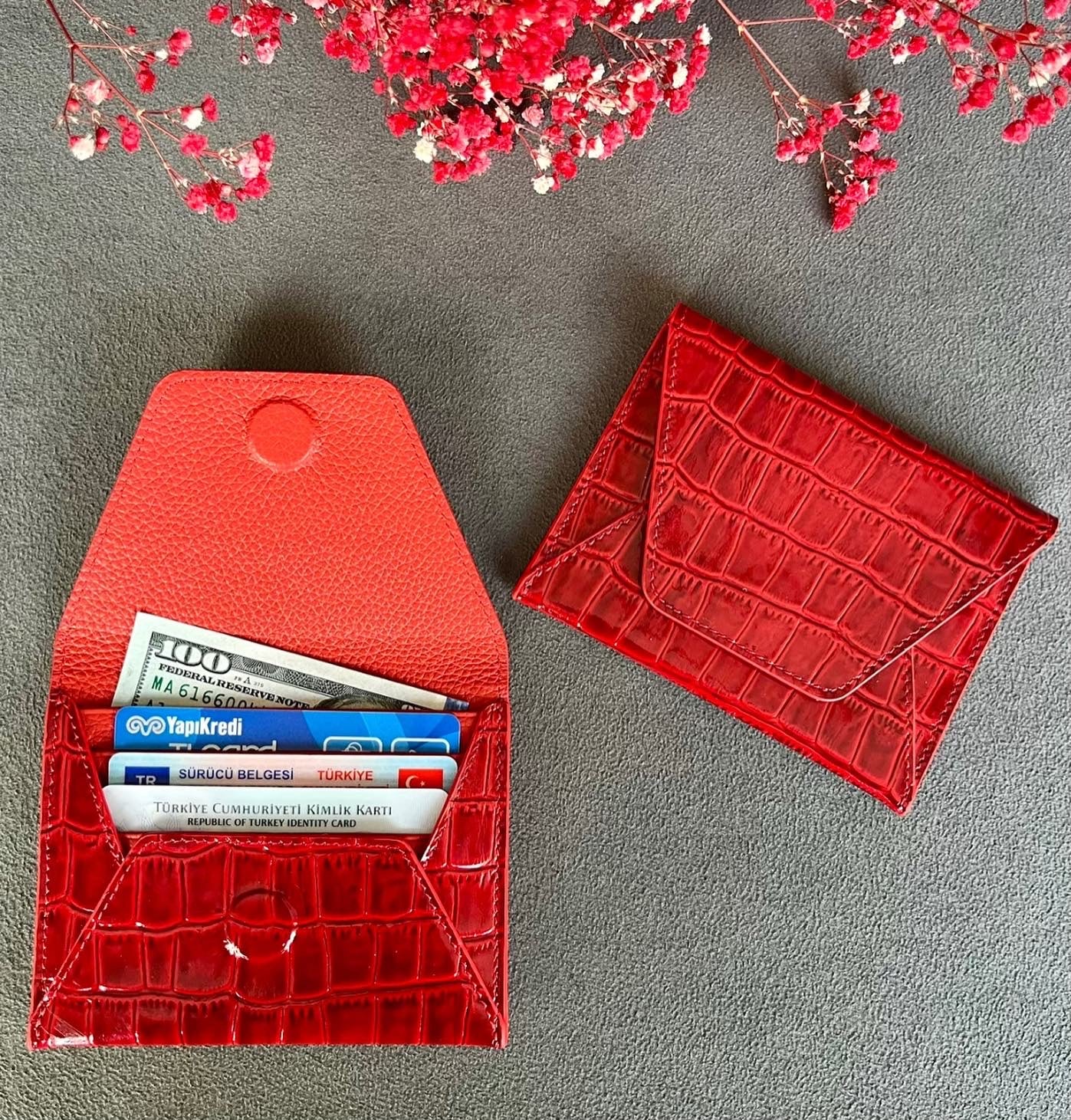 Küçük boy zarf cüzdan-Kırmızı Rugan Croco